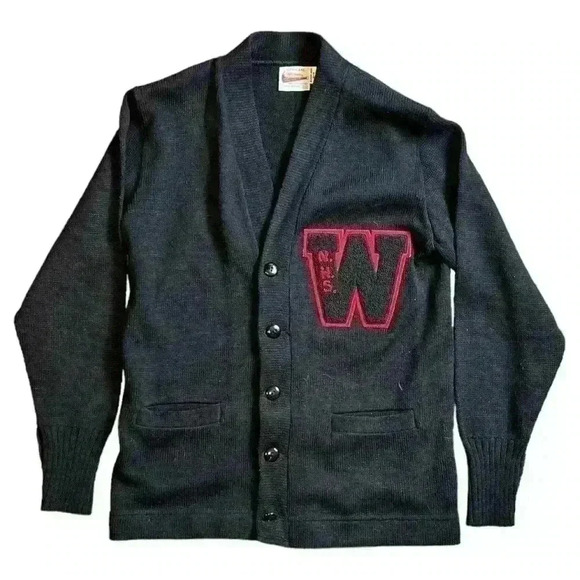 Vintage Dehen Knitting Black V Neck Varsity Cardigan Letterman Sweater w/ W sz38 - Picture 1 of 8